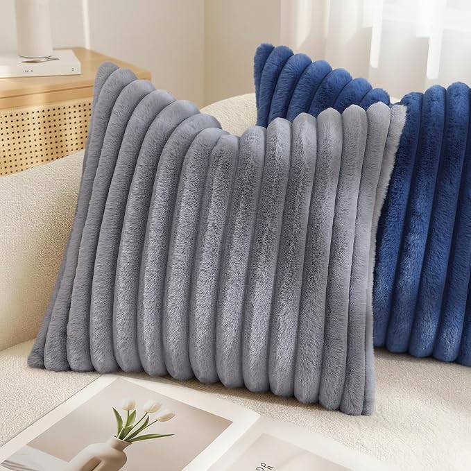 decorUhome Fall Cozy Faux Fur Throw Pillow Covers 12x20 Set of 2 Decorative Soft Plush Striped Lumbar Modern Farmhouse Boho Couch Pillow Cases with Velvet Back for Sofa Bed Living Room, Grey