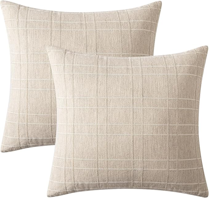 MIULEE Decorative Linen Check Throw Pillow Covers Neutral Farmhouse Vintage Pillow Covers 18x18 Set of 2 Boho Modern Home Decor for Sofa Couch Bedroom Cushion Natural Beige