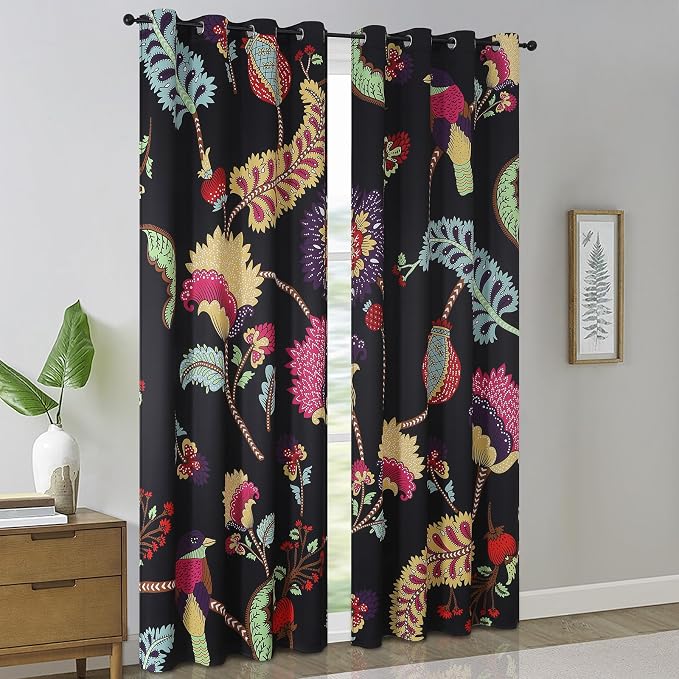 Estelar Textiler Bird and Feather Pattern Blackout Curtains 108 Inches Long for Bedroom, Floral Room Darkening Window Thermal Insulated Grommet Curtains & Drapes for Living Room,52Wx108L, 2 Panels