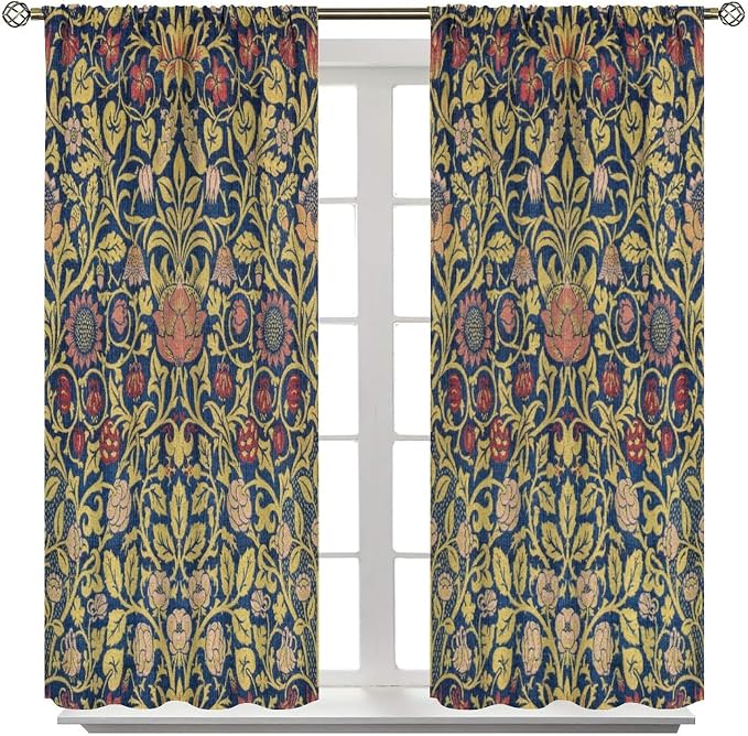 Retro Bohemian William Morris Plant Floral Blackout Window Curtains, Abstract Vintage Country Floral Leaf Pattern Print Window Drapes, for Bedroom Living Room 31.5(W)*72(L) 2 Panels