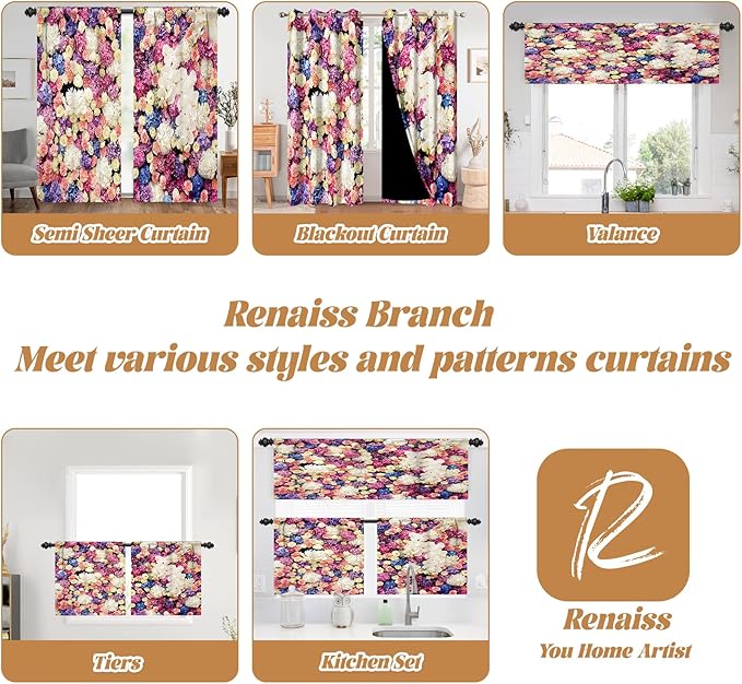 Renaiss 52 x 63 Inch Colorful Floral Kitchen Curtains Short Linen Textured Small Cafe Curtains Rose Flower Light Filtering Short Window Curtain for Bathroom Basement with Rod Pocket 2 Panels