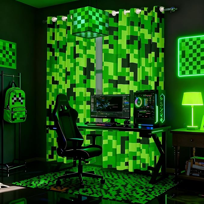 Green Pixelated Miners Gamer Curtains for Kids Child Boy Room Decor,Video Games Window Curtain,Cartoon Gamepad Window Treatment Curtain Modern Geometric Check Window Drapes,2 Panels,38Wx45L