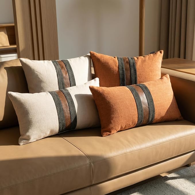 Set of 2 Leather Throw Pillow Covers Lumbar Cotton Linen Decor Patchwork Pillow Cover Faux Leather Pillows Cover for Couch Sofa Living Room Bedroom,Orange 12"x20"