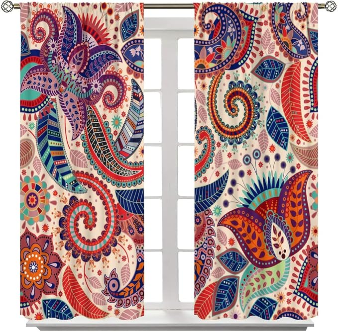 Boho Decorative Curtains Bedroom Living Room Rod Pocket Curtains, Vintage Boho Grill Floral Pattern 2 Panel Set, 84x84 in.