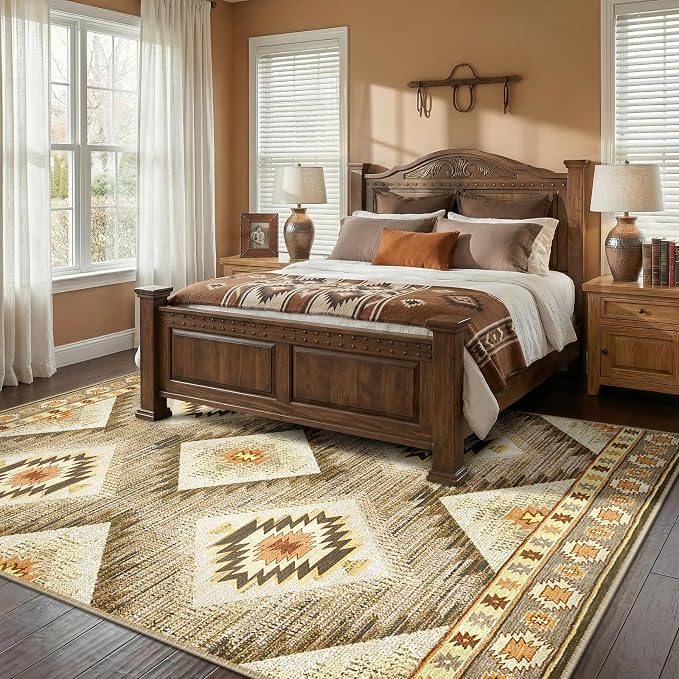 BESTSWEETIE Area Rug 3x5 Machine Washable Non-Slip Low Pile Print Pattern Western Rug for Living Room Bedroom Entryway Tribal Series Cream/Camel