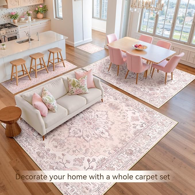 RELEANY Area Rugs 8'x10' Washable Non-Slip, Floral Vintage Distress Medallion Carpet for Living Room Bedroom Dining Room, Pink Greypink Cute