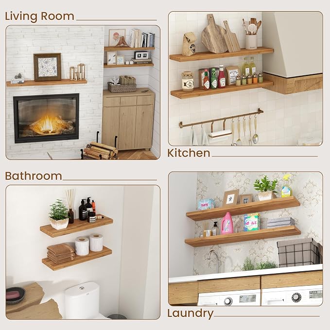 Floating Shelves for Wall, 40"Wx8"D Rustic Solid Elm Wood Floating Shelves Wall Mounted, Round Edge Wall Shelves with Invisible Bracket for Living Room Bathroom Bedroom Kitchen, Set of 2, Natural