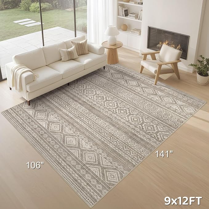 cotiled 9x12 Area Rugs Living Room Rug: Washable Boho Rugs with Non Slip Backing Large Soft Indoor Stain Resistant Carpet for Bedroom Farmhouse Dining Room Lightweight Home Decor Coffee Brown