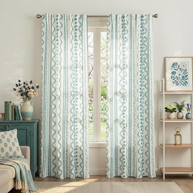 Teal Beach Theme Sheer Curtains, Summer Coastal Boho Farmhouse Linen Beachy Curtains for Bedroom Living Room Lake House 84 Inches Long