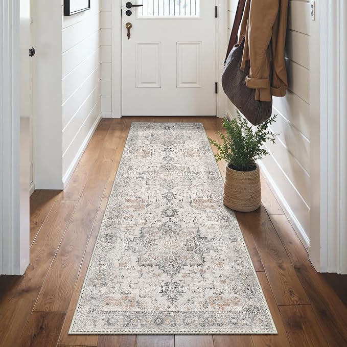GENIMO 2x9 Runner Rugs for Hallway, Machine Washable Non Slip Vintage Rugs, Low Pile Soft Print Rug for enrtyway, Corridor, Home Office,Light Taupe Brown
