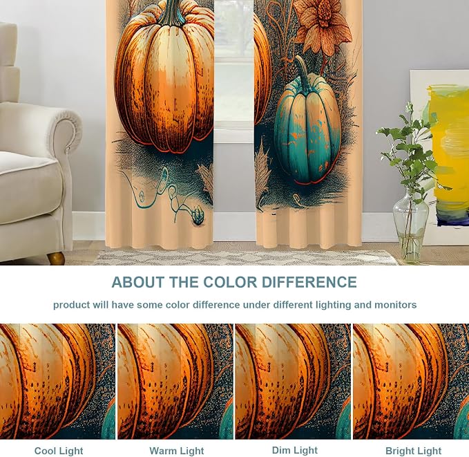 Shrahala Autumn Pumpkin Harvest Blackout Window Curtains, Abstract Art Hand Painting Flowers Grass Thermal Insulated Curtains Grommet Top Window Drapes for Living Room, Bedroom (2 Panels, 52 x 84 in)