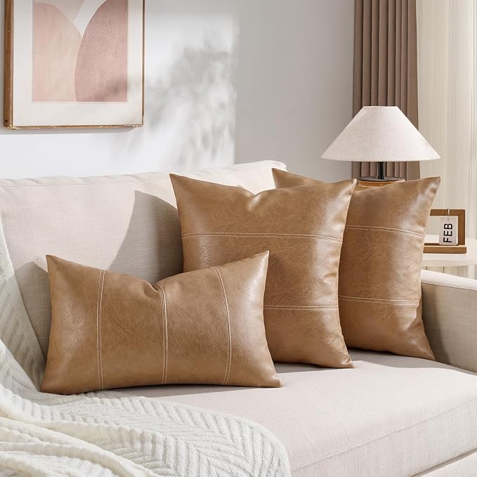 Fancy Homi Light Brown Boho Long Lumbar Faux Leather Decorative Throw Pillow Covers 12x20 Inch for Living Room Couch Bed Sofa, Hand Stitched Rectangle Cushion Case, Rustic Modern Farmhouse Home Decor