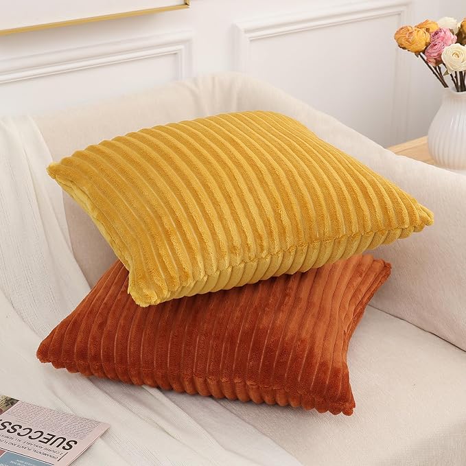 Simmore Decorative Fall Throw Pillow Covers 20x20 Set of 2, Soft Natural Plush Flannel Double-Sided Fluffy Couch Pillow Covers for Sofa Living Room, Mustard Yellow