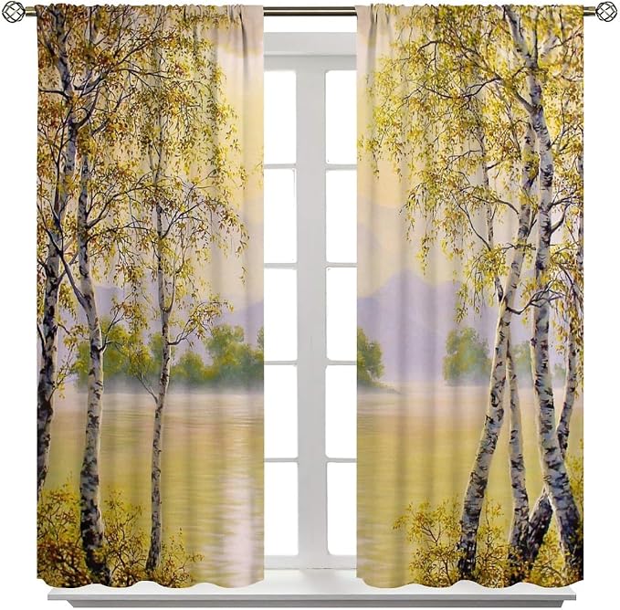 Forest Curtains, Yellow Countryside Nature Foggy Autumn River Birch Forest Falling Leaves Blackout Window Treatments, Thermally Insulated Drapes for Boys Girls Living Room Bedroom 52x96in