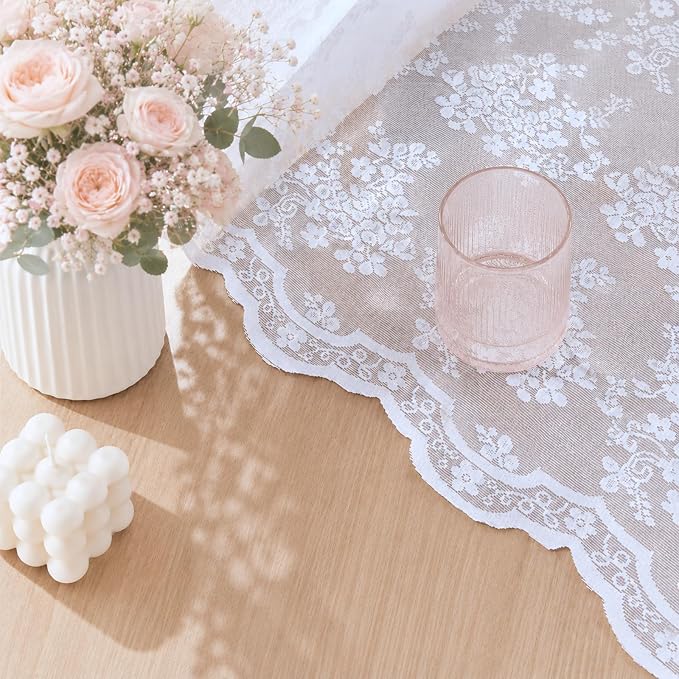 YJ YANJUN Vintage Lace Curtains 63 Inches Long Brilliant White 2 Panels | Floral Pattern,Sheer, Light-Filtering,French,All-space perfect,Rod Pocket