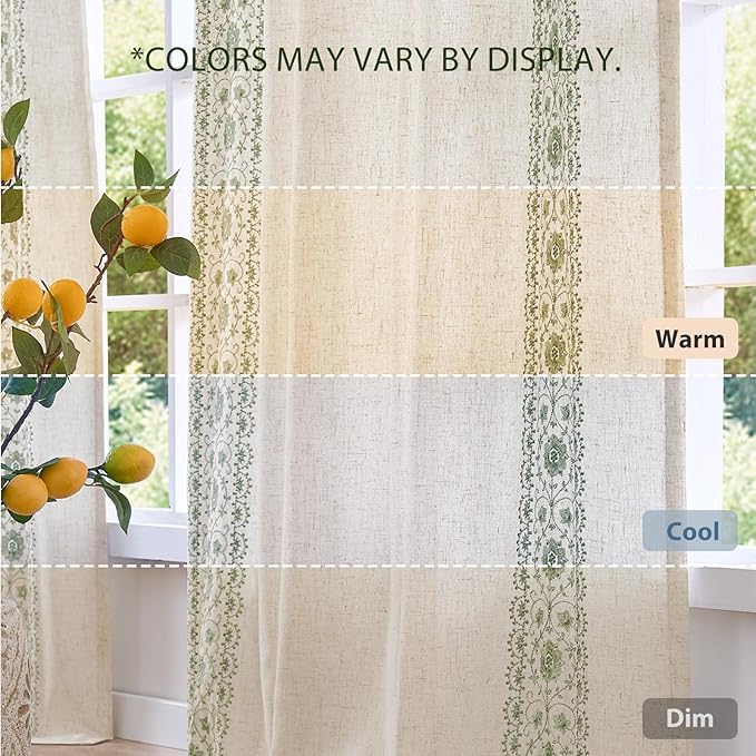 jinchan Weslie Boho Lined Linen Curtains for Bedroom Sage Green Vintage Floral Farmhouse Curtains 84 Inches Long Linen Drapes for Living Room Embroidered Drapes Sage on Beige 2 Panels