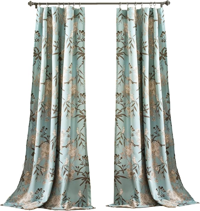 Lush Decor Botanical Garden Curtains Floral Bird Print Light Filtering Window Panel Drapes Set for Living, Dining, Bedroom (Pair), Blue, 52"W x 108L"