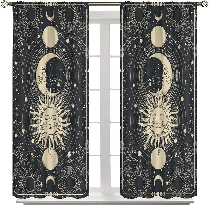 Sun Moon Blackout Curtains, Bohemia Retro Moon Phase Gothic Rod Pocket Window Treatment Drapes for Bedroom Living Room 63" W X 72" L