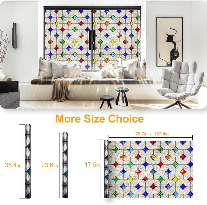 QHY Sunshine Colorful Rainbow Stained Glass Window Film Non-Adhesive Window Privacy Film Reusable Decorative for Room (Rainbow Mosaic, 35.4 X 78.7 in)