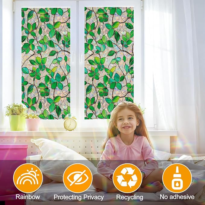 COUNTEWOL Window Privacy Film with Installation Tools Home Decorative Colored Glass Window Stickers Reusable electrostatic Rainbow Stickers(Greenery Leaf, 29.5 x 78.7 in)