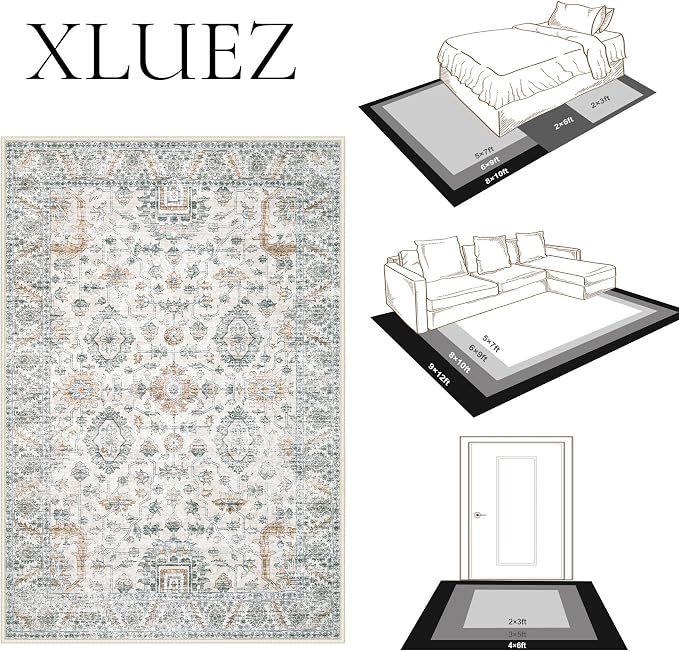 XLUEZ Area Rug 5x7 Living Room Rug, Machine Washable Vintage Distressed Boho Area Rug Non-Slip Soft Low Pile Large Indoor Rugs for Bedroom Kitchen Dining Room Office(Brown Green,5'x7')
