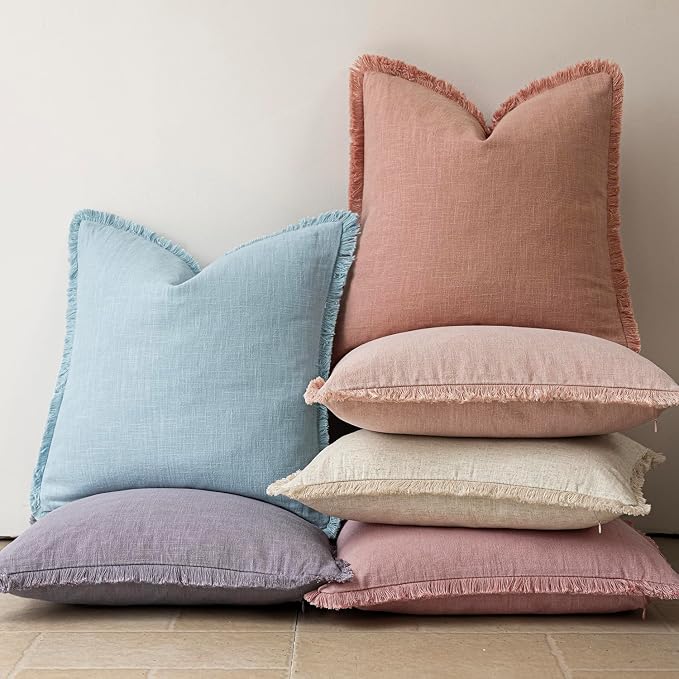 Foindtower Set of 2 Decorative Linen Fringe Throw Pillow Covers Cozy Boho Farmhouse Cushion Cover with Tassels Soft Accent Pillowcase for Couch Sofa Bed Living Room Home Decor,26×26 Inch,Coral Pink