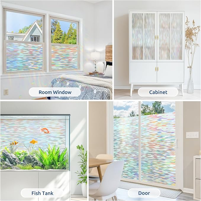 rabbitgoo Window Privacy Film, Stanied Glass Cling with Kit, 23.6" x 118.1" | 3D Rainbow Prism Effect, Static Cling, Sun Blocking Reduce Glare, Easy to Install, Decorative Glass Clings for Home Decor