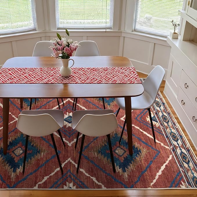 BESTSWEETIE Area Rug 9x12 Rug Machine Washable Non-Slip Low Pile Print Pattern Western Rug for Living Room Bedroom Entryway Tribal Series -Red/Orange