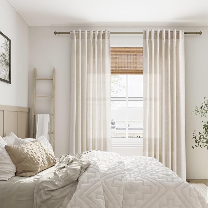 Aersas Beige Semi Sheer Long Curtains 126 Inch Length 2 Panel Set Back Tab Rod Pocket Linen Textured Privacy Floor Drapes Minimalist Light Reducing Farmhouse Curtain for Patio Sliding Door 52x126