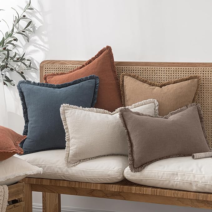 MIULEE Decorative Throw Pillow Covers Neutral Linen Fringe Throw Pillows Euro Shams Set of 2 Malt Ball Boho Farmhouse Cushion Covers for Couch Sofa Bed Living Room Fall Home Decor 26x26 Inch