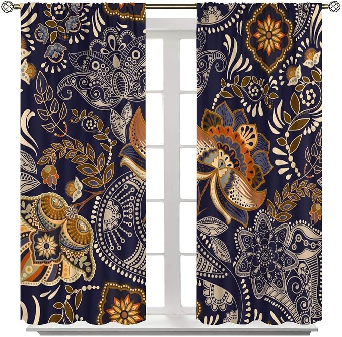 Indian Boho Curtains, Mandala Design Colorful Boho Floral Paisley Curtains, Bedroom Living Room Blackout Decorative Curtains, 2 Panel Set, 42x45 Inch.