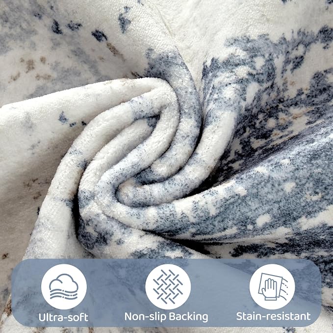 UERMEI 8x10 Area Rug Living Room Rugs - Washable Neutral Modern Abstract Soft Thin Large Rug Indoor Floor No Slip Rug Carpet for Bedroom Under Dining Table Home Office Decor - Denim Blue