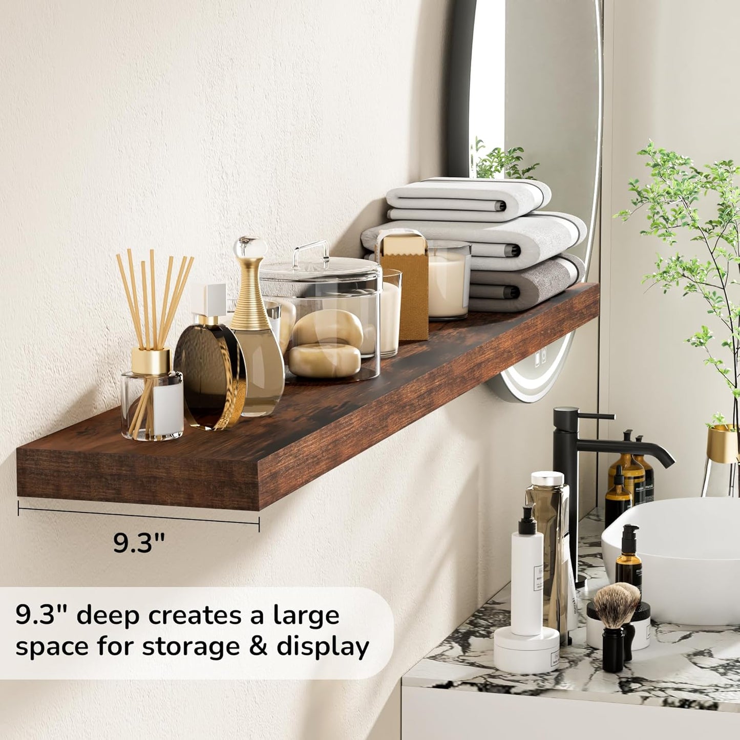 Fun Memories 55 Inch Floating Shelves - 9 Inch Deep Rustic Wooden Wall Shelves - Extra Deeper & Thicker Wall Mounted Storage Shelf for Living Room, Kitchen, Farmhouse - 55" W x 9" D x 1.8" H - Brown