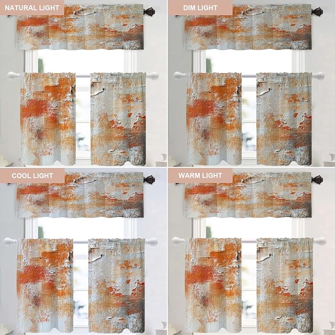 Shrahala Brushstrokes of Paint Blackout Curtain Tiers, Orange Grey Canvas Texture Kitchen Valance Light Blocking Tier Drapes with Rod Pocket, 2 Pack 26 X 36 in