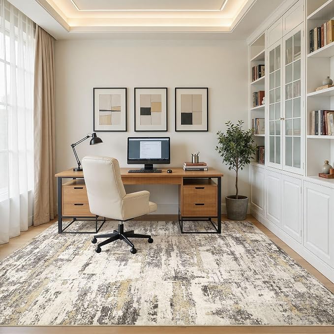 Area Rugs for Living Room: 10x14 Abstract Washable Rug Modern Neutral Large Soft Stain Resistant Non-Slip Backing Machine Table for Bedroom Dining Room Indoor Home Office Carpet - Gold Brown