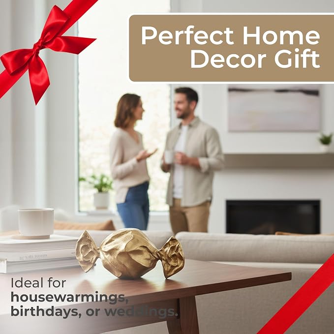 Sagebrook Home Gold Metal 9" Wrapped Candy Decorative Object, Elegant Aluminum and Suar Wood Accents for Home Decor