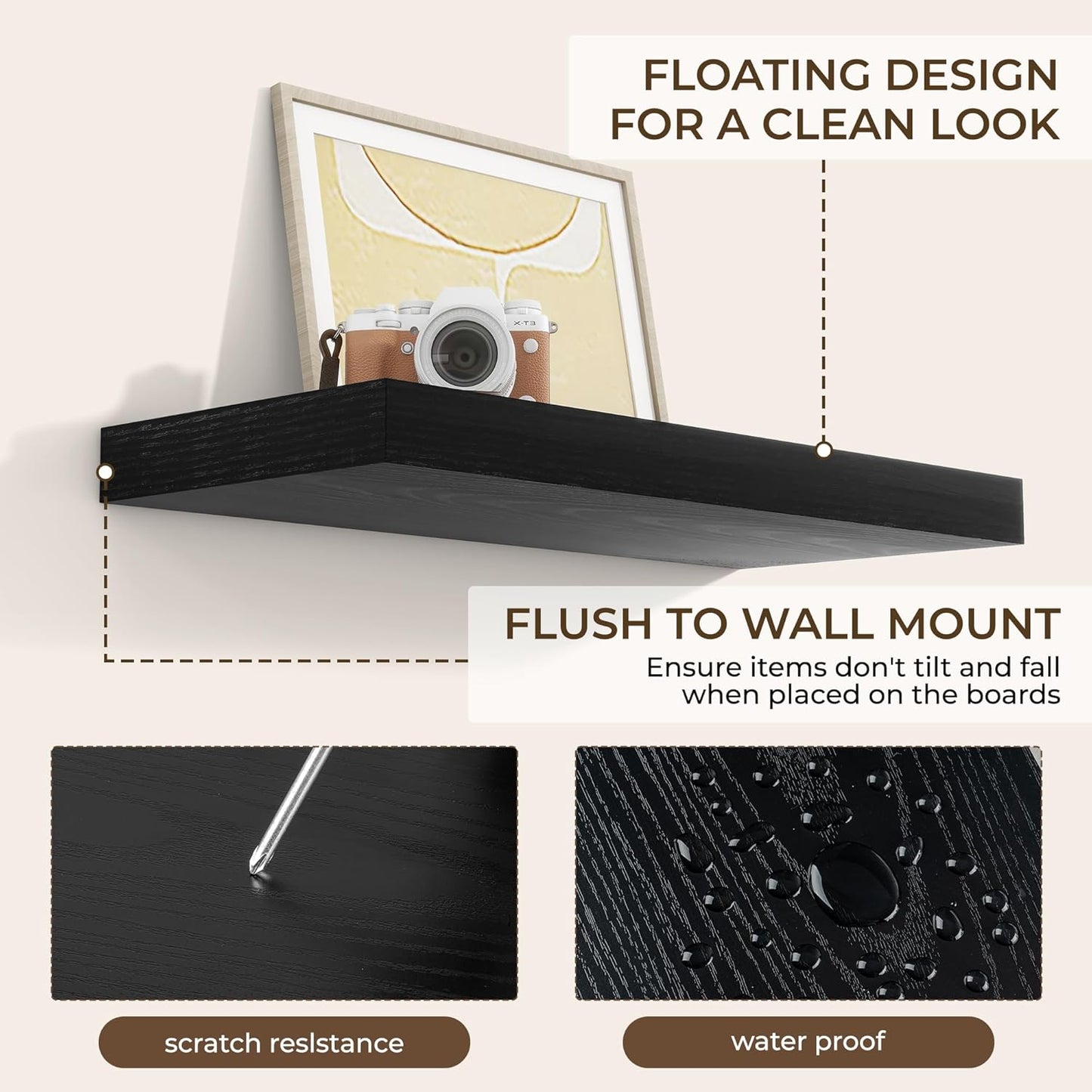 RICHFOCUS 24Inch Floating Shelves for Wall 2 Pack Shelves for Bedroom|Kitchen|Bathroom Wall Mounted Rustic Wood Floating Shelf with Invisible Brackets for Books|Storage|Decor, Black