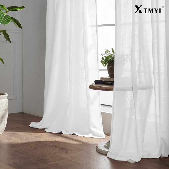 XTMYI White Curtains 96 Inches Long for Living Room Pleated with Heading Tape Hooks Solid Linen Light Filtering Semi Sheer Lightweight Curtains for Bedroom 96 Length 8FT Single One Pair Set