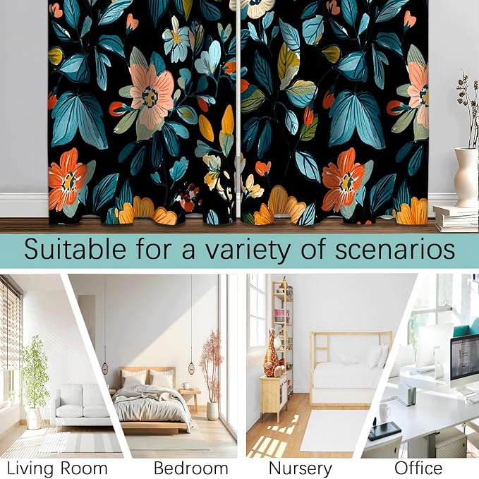 iTapnoom Black Blue Leaves Floral Blackout Curtain, Flowers Aesthetic Art Curtains Darkening Thermal Insulated Grommet Window Drapes for Living Room Bedroom Decor 2 Panels 52x84 Inches