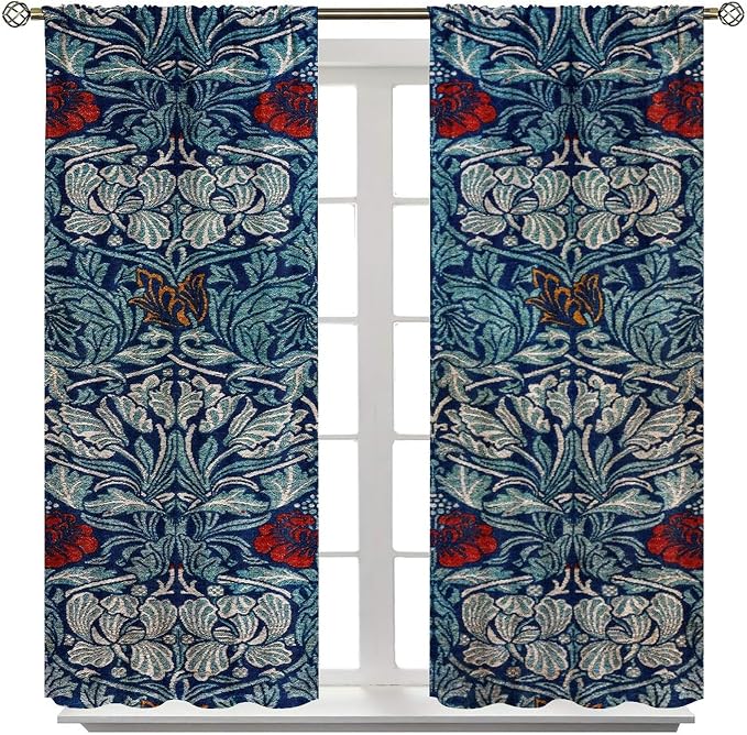 Bohemian William Morris Retro Plant Floral Blackout Window Curtains, Flower Vintage Country Farmhouse Art Window Drapes, for Bedroom Living Room 72x63in