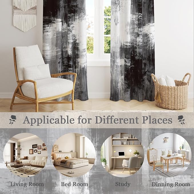 Abstract Black and Grey Blackout Curtains, Boho Retro Rust Gray Neutral Modern Geometric Darkening Thermal Insulated Grommet Light Blocking Drape Decor, 52 x 84 Inch Long 2 Panels