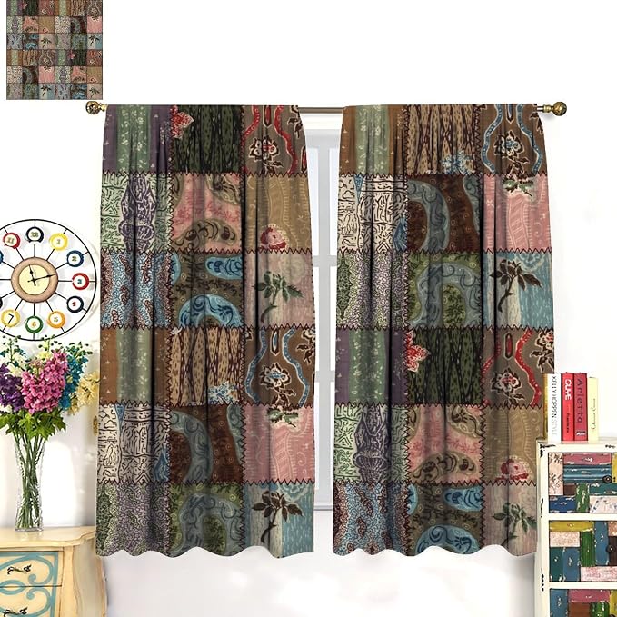 Boho Floral Patchwork Blackout Curtains Pieced Patchwork Plaid Design Farmhouse Green Green Print Window Drapes for Bedroom Living Room Kitchen Cafe (W31.5xL63 Inch) x2 Panels