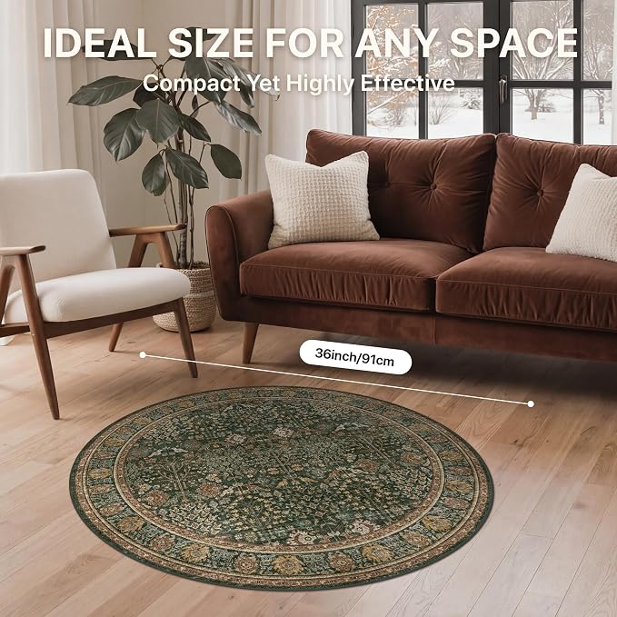 Bavni Round Rug 3ft-Machine Washable Area Rugs Non-Slip for Bedroom, 3x3 Vintage Floral Rug Distressed Throw Carpet for Living Room Nursery Kitchen Bathroom, Dark Green/Multi
