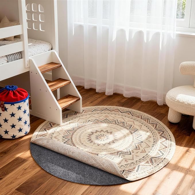 Veken 3 Ft Round Non Slip Cushioned Rug Pad Gripper, Felt and Silicone Backing, 1/8" Thick, Carpet Liner Protector Mat for Area Rugs and Hardwood Floors, with Over 99 Pcs Anti-Slip Strips Pattern