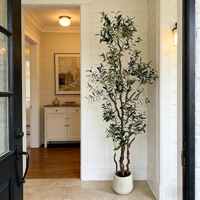 6FT Artificial Olive Tree with White Planter,Silk Fake Plants with Three Thick Trunk and Lifelike Fruits,Indoor Outdoor Fake Large Tree for Home Office Living Room Decor