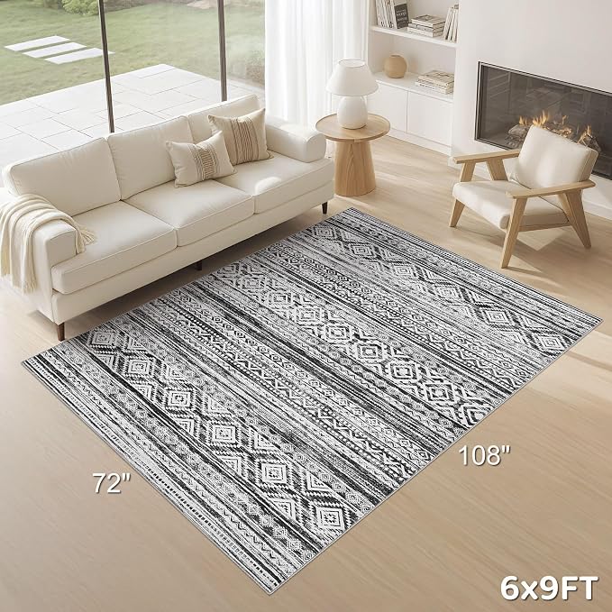 cotiled 6x9 Area Rugs Living Room Rug: Washable Boho Rugs with Non Slip Backing Large Soft Indoor Stain Resistant Carpet for Bedroom Farmhouse Dining Room Lightweight Home Decor White/Black