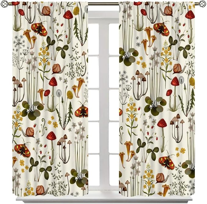 Rustic Mushroom Curtains, Farmhouse Country Fairy Tale Forest Wild Floral Botanical Nature Plants Herbs Moth Blackout Window Treatments for Kitchen Bedroom Livingroom, 63" W X 72" L