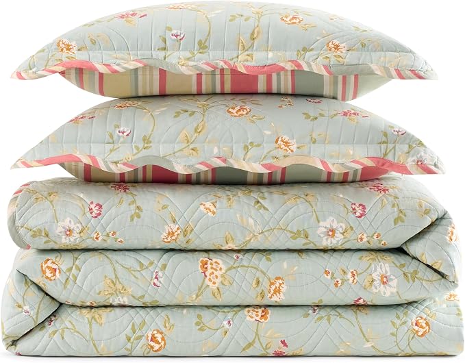 Waverly Garden Glitz Modern Farmhouse Floral 3-Piece Reversible Quilt Bedding Bed Spread Set, King/California King, Vapor