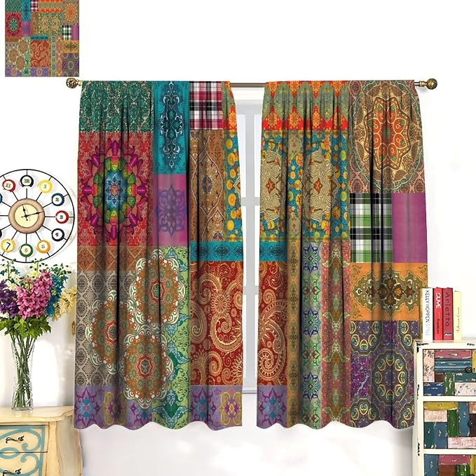 Patchwork Floral Boho Blackout Curtains Vintage Style Colorful Patchwork Design Pattern Art Print Window Drapes for Bedroom Living Room Kitchen Cafe (W36xL63 Inch) x2 Panels