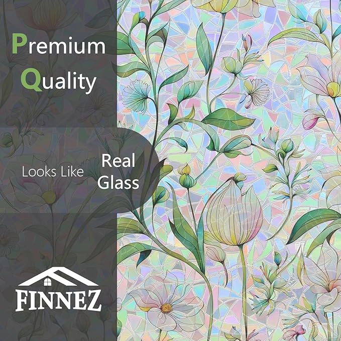 FINNEZ Window Privacy Film Stain Glass Film Flowers Rainbow Window Film Window Clings Non-Adhesive Reusable Decorative for Home(Forest Rainbow,45.2 Inch x 6.5 Feet)